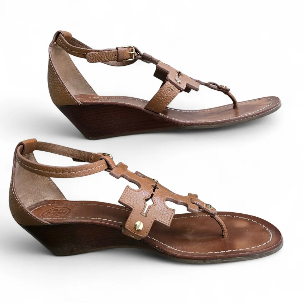 TORY BURCH Chandler Tumbled Leather Wedge Sandals – Size 9.5 - Picture 8 of 13